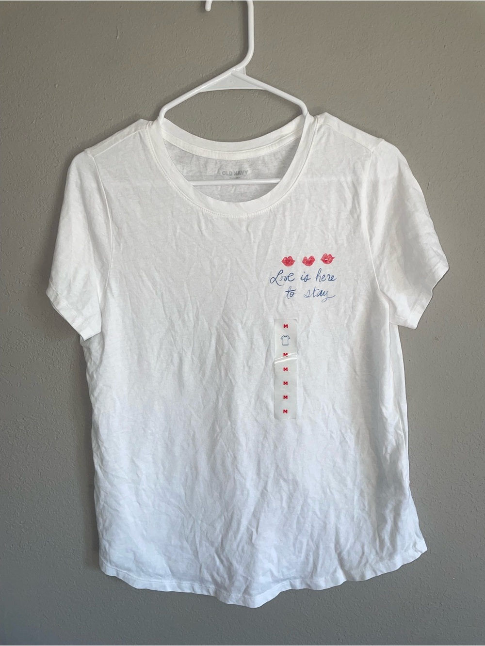 Old Navy White Tee with Red Heart Graphic and Blue Script love is here to stay